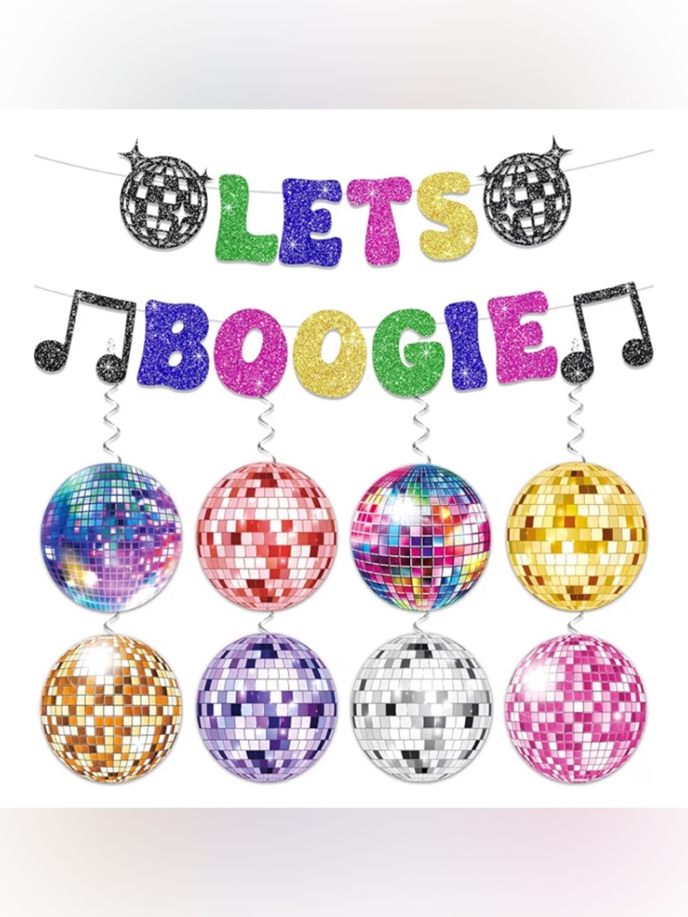 Lets Boogie Colorful Disco Party Banner and Hanging Disco Ball Decorations